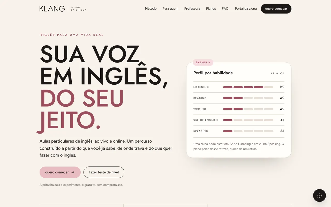 Página inicial da KLANG com o perfil por habilidade da aluna